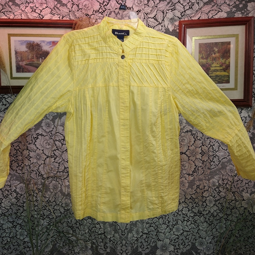 Denim&Co yellow shirt long sleeve button up with crinkled ruffled stripe pattern